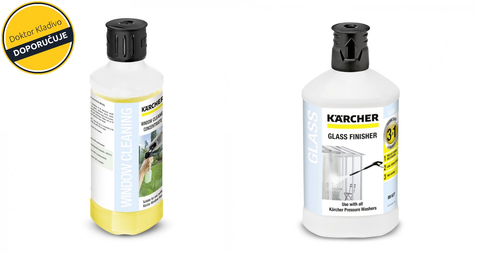 Čisticí a ošetřující prostředky Kärcher čistič skel 3v1 a koncentrovaný čistič skel.