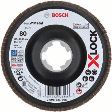 Bosch X-LOCK Fächerschleifscheibe, gewinkelte Ausführung, Trägerteller aus Kunststoff, Ø115 mm, G 80, X571, Best for Metal, 1 Stück