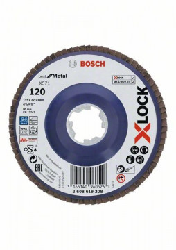 Bosch X-LOCK Fächerschleifscheibe, gerade Ausführung, Kunststofftragplatte, Ø115 mm, K 120, X571, Best for Metal, 1 Stück