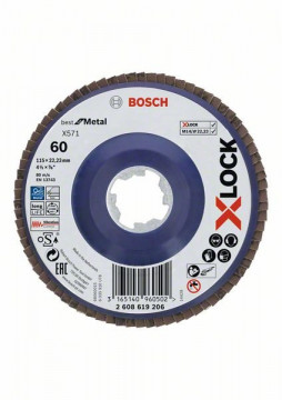 Bosch X-LOCK Fächerschleifscheibe, gerade Ausführung, Kunststofftragplatte, Ø115 mm, K 60, X571, Best for Metal, 1 Stück