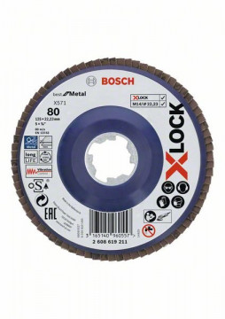 Bosch X-LOCK Fächerschleifscheibe, gerade Ausführung, Kunststofftragplatte, Ø125 mm, K 80, X571, Best for Metal, 1 Stück