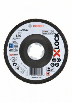 Bosch X-LOCK Fächerschleifscheibe, abgewinkelte Ausführung, Fibertragplatte, Ø125 mm, K 120, X571, Best for Metal, 1 Stück