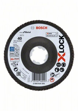 Bosch X-LOCK Fächerschleifscheibe, abgewinkelte Ausführung, Fibertragplatte, Ø125 mm, K 40, X571, Best for Metal, 1 Stück