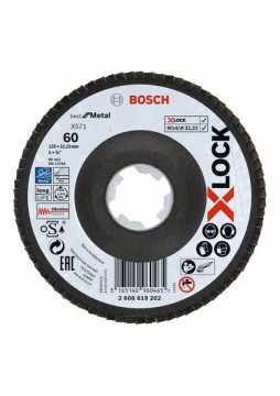 Bosch X-LOCK Fächerschleifscheibe, abgewinkelte Ausführung, Fibertragplatte, Ø125 mm, K 60, X571, Best for Metal, 1 Stück